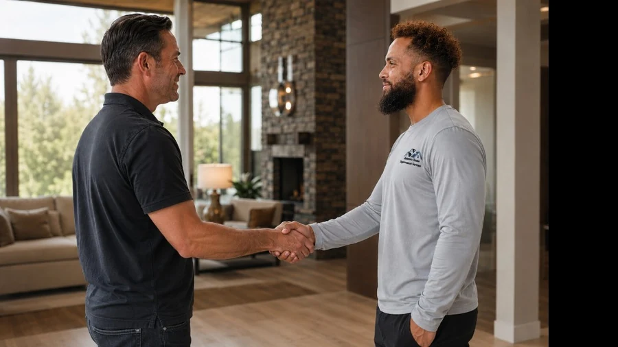 Donte Johnson shaking hands with a homeowner in a finished living room
