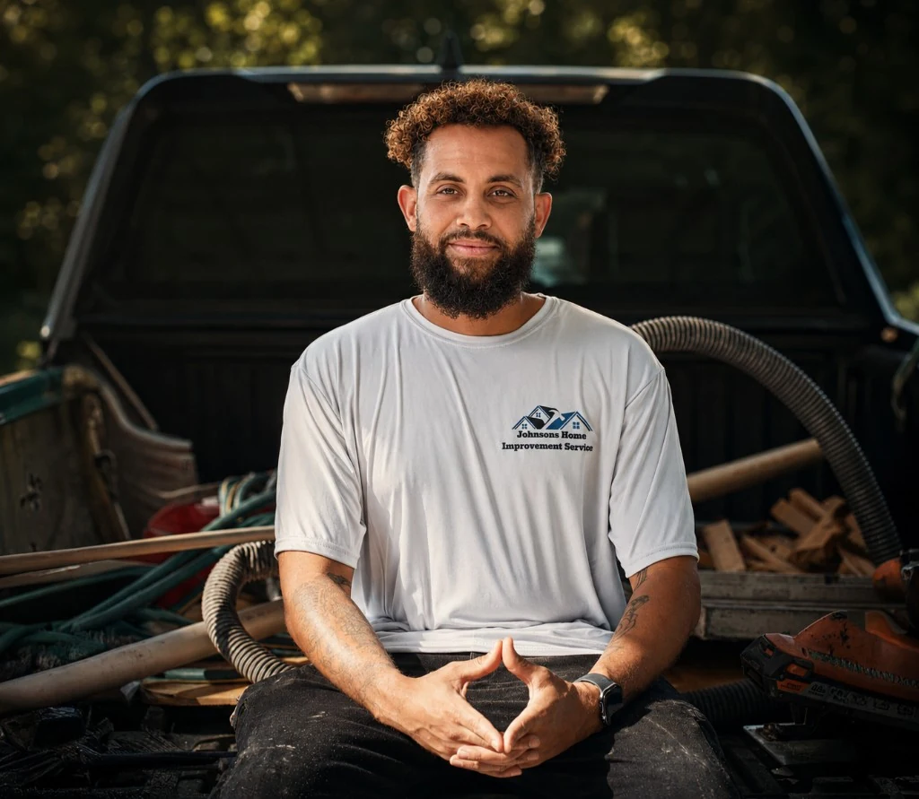 Donte Johnson, founder of Johnson Home Improvement Services, sitting on his work truck