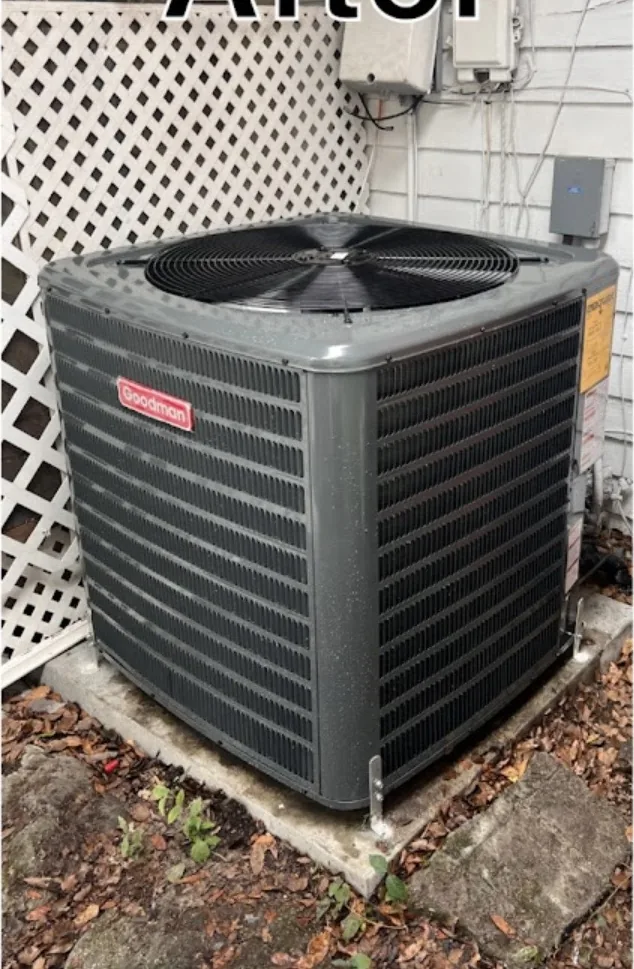 AC Condenser Replacement after the work — a new condenser set level on a fresh pad