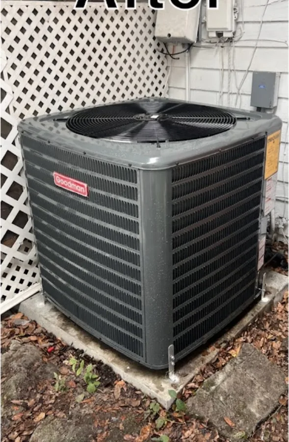 Newly installed air conditioning condenser on a level pad beside a home