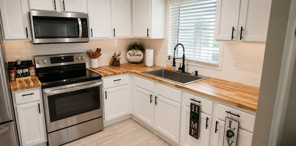 Full Kitchen Makeover after the work — white cabinets, butcher block counters and a subway tile backsplash