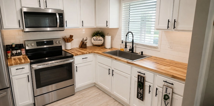 Bright white kitchen with butcher block counters after a full remodel
