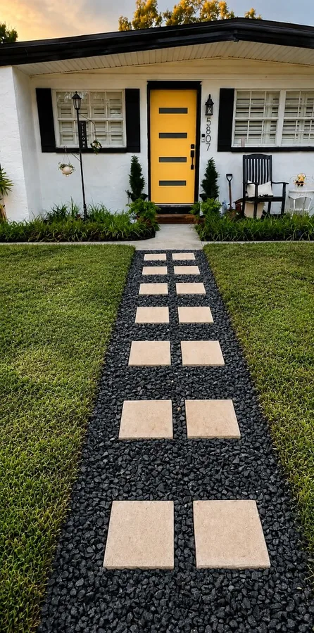 Paver & Stone Walkway after the work — a paver walkway with black stone borders